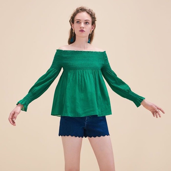 MAJE smocked off the shoulder green top Size 1 - Picture 2 of 10